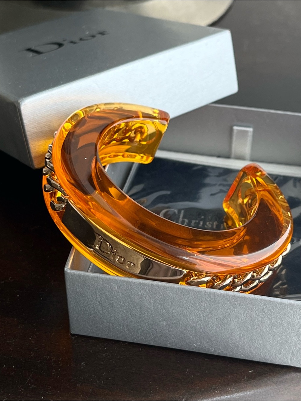 Authentic Vintage Dior Rare Runway John Galliano Amber Resin Gold Chain Bangle - Picture 1 of 6